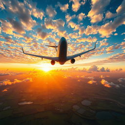 A breathtaking aerial view of a majestic airplane soaring through a vibrant sunset sky filled with fluffy clouds, showcasing the elegant curves and sleek design of the aircraft
