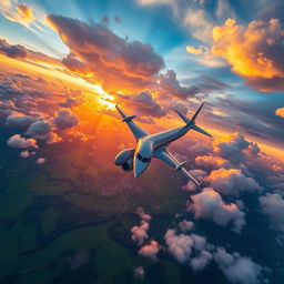 A breathtaking aerial view of a majestic airplane soaring through a vibrant sunset sky filled with fluffy clouds, showcasing the elegant curves and sleek design of the aircraft