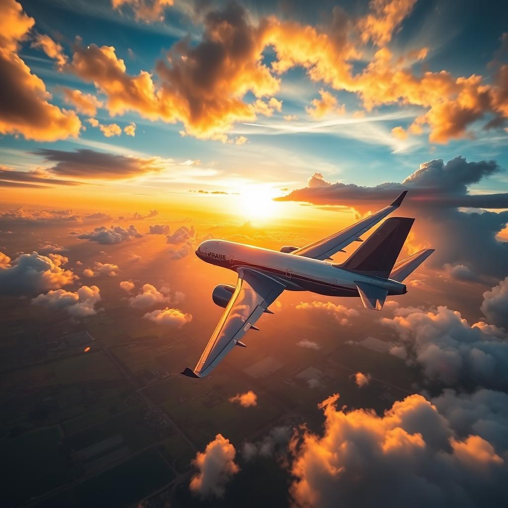 A breathtaking aerial view of a majestic airplane soaring through a vibrant sunset sky filled with fluffy clouds, showcasing the elegant curves and sleek design of the aircraft