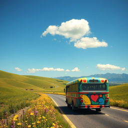 A scenic view of a colorful bus traveling through a vibrant landscape, showcasing lush green hills and a clear blue sky