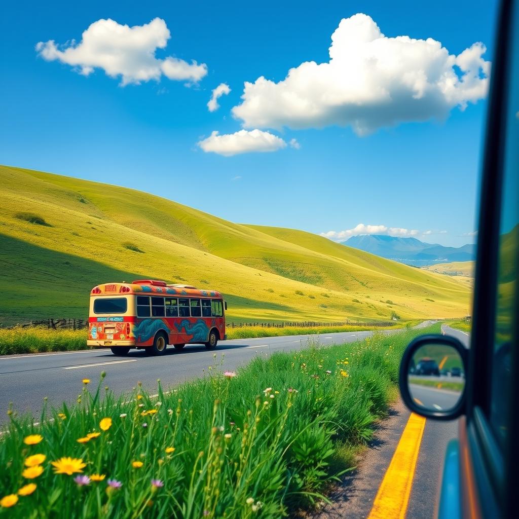 A scenic view of a colorful bus traveling through a vibrant landscape, showcasing lush green hills and a clear blue sky