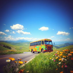 A scenic view of a colorful bus traveling through a vibrant landscape, showcasing lush green hills and a clear blue sky