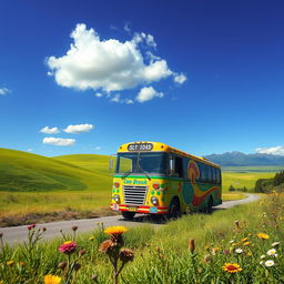 A scenic view of a colorful bus traveling through a vibrant landscape, showcasing lush green hills and a clear blue sky
