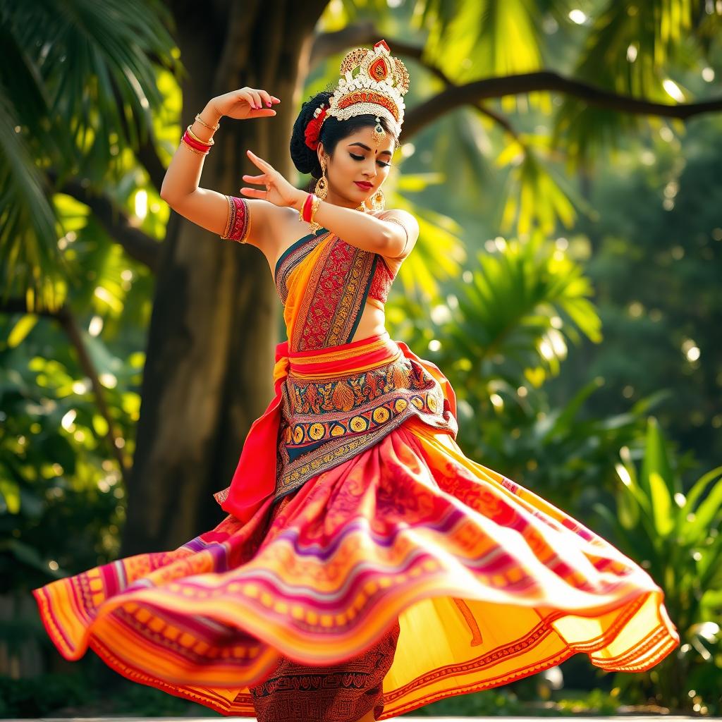 A graceful Kandyan dancer performing a traditional Sri Lankan dance, adorned in a vibrant costume that features intricate patterns and colors