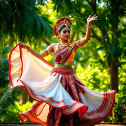 A graceful Kandyan dancer performing a traditional Sri Lankan dance, adorned in a vibrant costume that features intricate patterns and colors