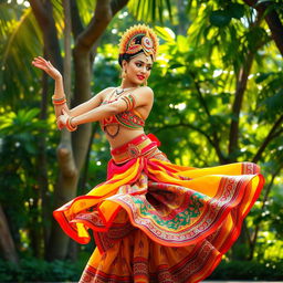 A graceful Kandyan dancer performing a traditional Sri Lankan dance, adorned in a vibrant costume that features intricate patterns and colors
