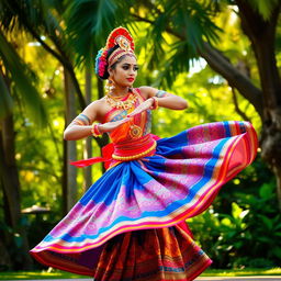 A graceful Kandyan dancer performing a traditional Sri Lankan dance, adorned in a vibrant costume that features intricate patterns and colors