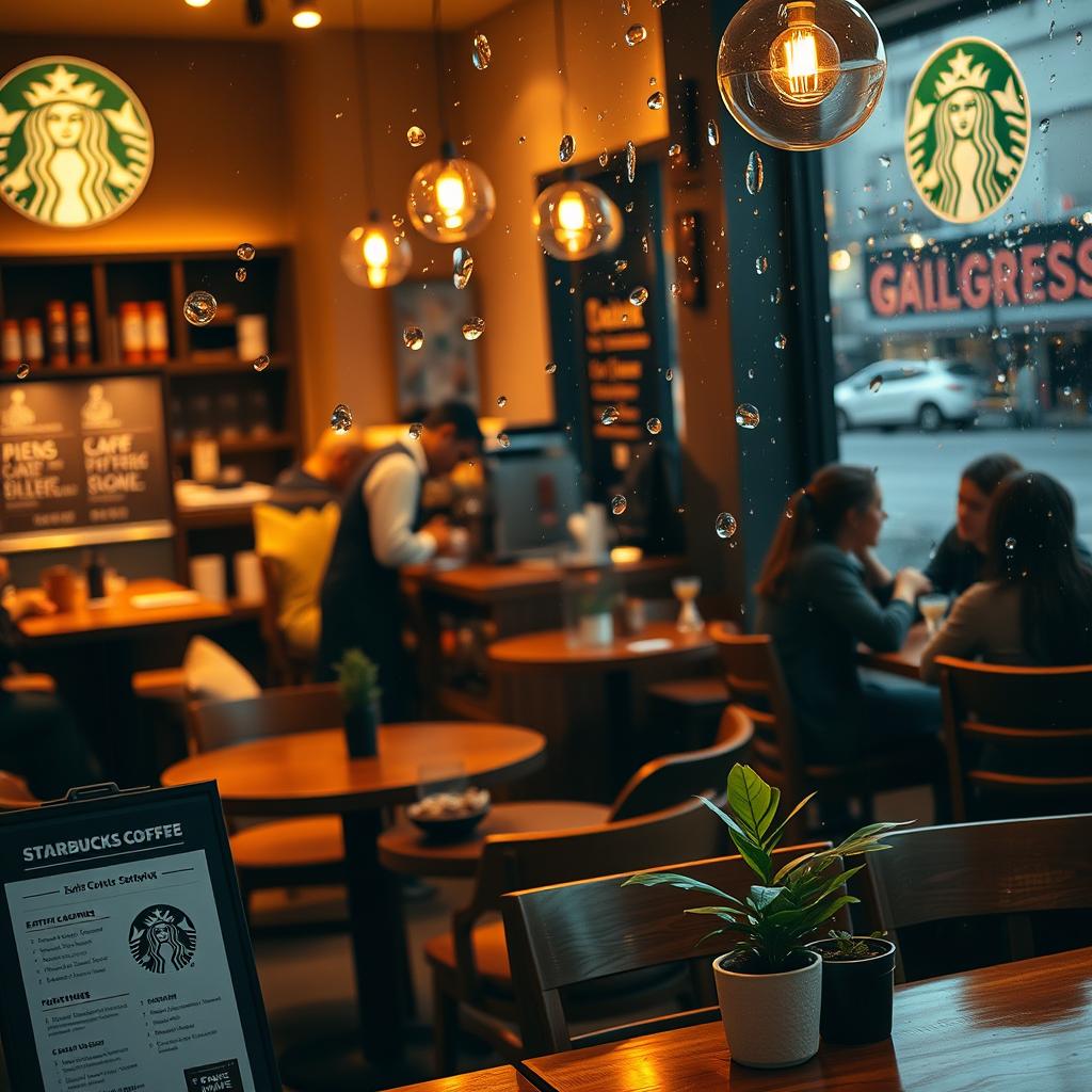 A cozy Starbucks coffee shop ambiance on a rainy day, featuring a barista crafting a latte art masterpiece, warm lighting illuminating the café, wooden furniture with inviting cushions, customers enjoying coffee and pastries, and raindrops on the window creating a dreamy atmosphere