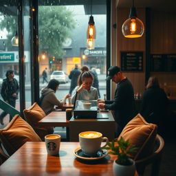 A cozy Starbucks coffee shop ambiance on a rainy day, featuring a barista crafting a latte art masterpiece, warm lighting illuminating the café, wooden furniture with inviting cushions, customers enjoying coffee and pastries, and raindrops on the window creating a dreamy atmosphere