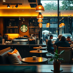 A cozy Starbucks coffee shop ambiance on a rainy day, featuring a barista crafting a latte art masterpiece, warm lighting illuminating the café, wooden furniture with inviting cushions, customers enjoying coffee and pastries, and raindrops on the window creating a dreamy atmosphere