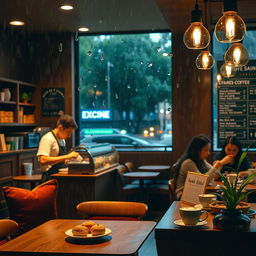 A cozy Starbucks coffee shop ambiance on a rainy day, featuring a barista crafting a latte art masterpiece, warm lighting illuminating the café, wooden furniture with inviting cushions, customers enjoying coffee and pastries, and raindrops on the window creating a dreamy atmosphere