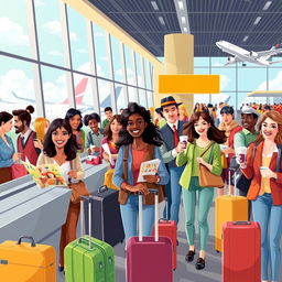 A vibrant scene depicting people from diverse backgrounds happily traveling abroad