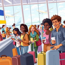 A vibrant scene depicting people from diverse backgrounds happily traveling abroad