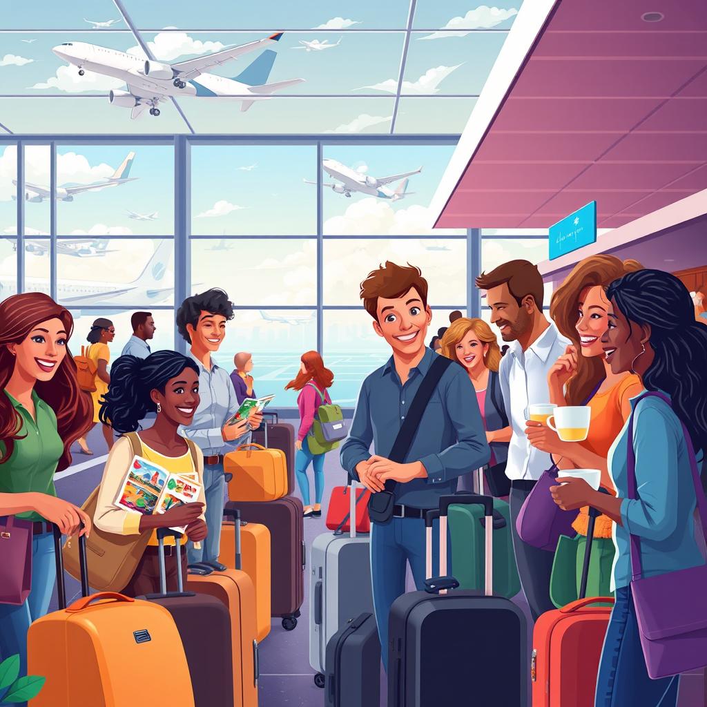 A vibrant scene depicting people from diverse backgrounds happily traveling abroad