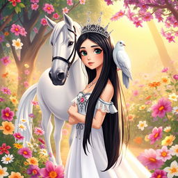 A full-body illustration of an 11-year-old white Brazilian princess with long, straight black hair, dark eyes, and fair skin, adorned with a sparkling crown
