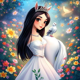 A full-body illustration of an 11-year-old white Brazilian princess with long, straight black hair, dark eyes, and fair skin, adorned with a sparkling crown