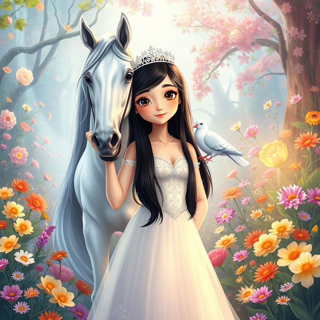 A full-body illustration of an 11-year-old white Brazilian princess with long, straight black hair, dark eyes, and fair skin, adorned with a sparkling crown