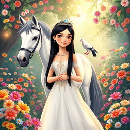 A full-body illustration of an 11-year-old white Brazilian princess with long, straight black hair, dark eyes, and fair skin, adorned with a sparkling crown