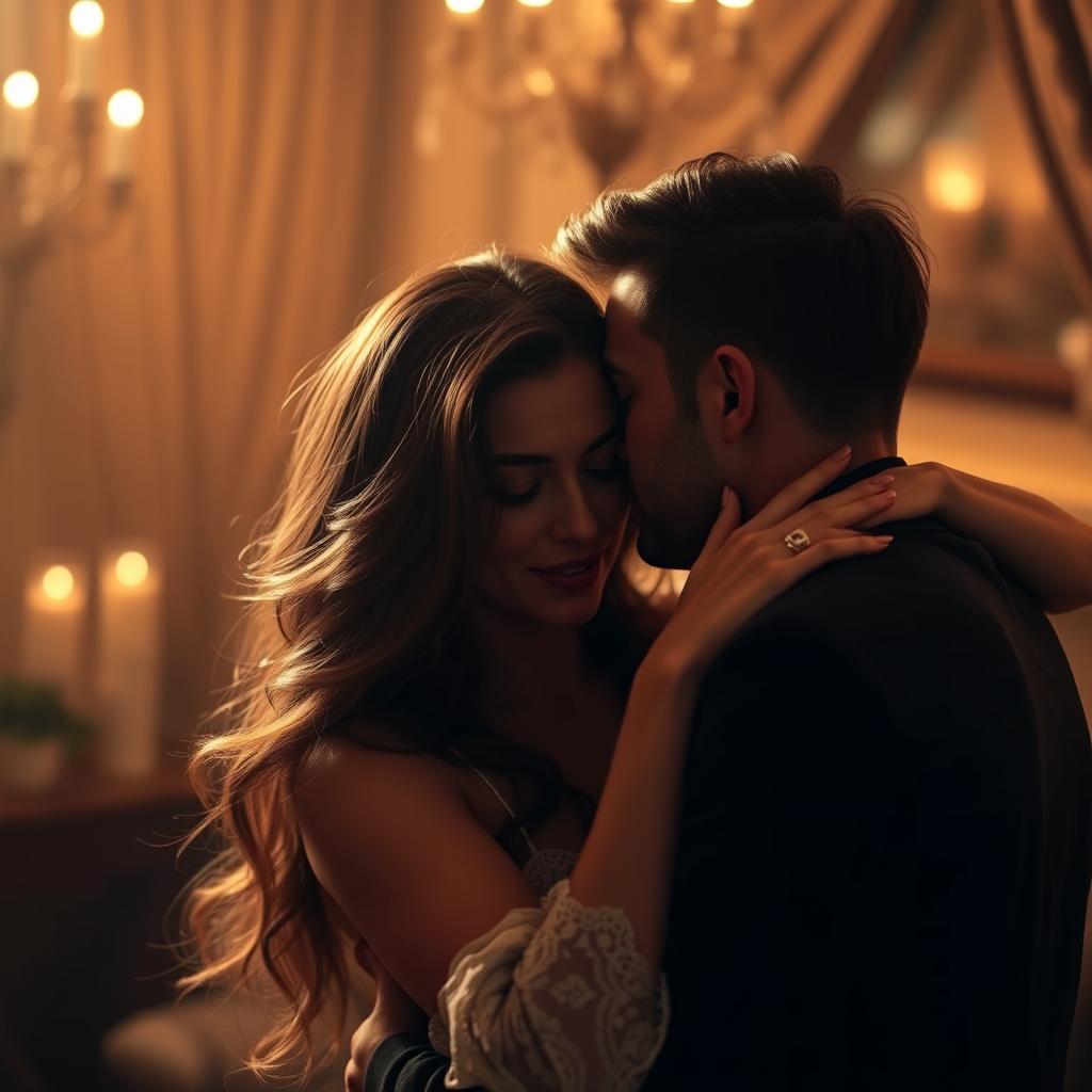 A sensual and intimate scene featuring a couple engaged in a passionate embrace, with the focus on the woman's expressive face and her elegant, flowing hair