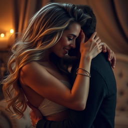 A sensual and intimate scene featuring a couple engaged in a passionate embrace, with the focus on the woman's expressive face and her elegant, flowing hair