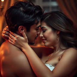 A sensual and intimate scene featuring a couple engaged in a passionate embrace, with the focus on the woman's expressive face and her elegant, flowing hair