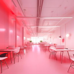 A futuristic co-working space predominantly in white with elements of hot pink, equipped with co-working style desks and chairs to accommodate 30-50 people.