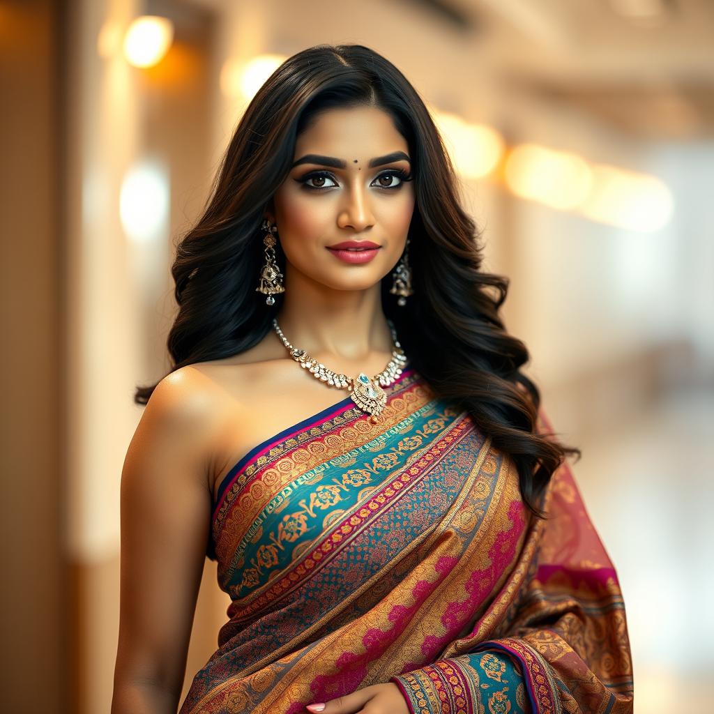 A glamorous Indian woman exuding confidence, dressed in a stunning traditional saree adorned with intricate patterns and vibrant colors