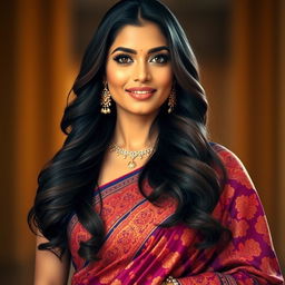 A glamorous Indian woman exuding confidence, dressed in a stunning traditional saree adorned with intricate patterns and vibrant colors
