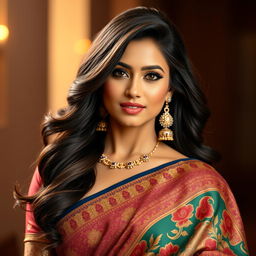 A glamorous Indian woman exuding confidence, dressed in a stunning traditional saree adorned with intricate patterns and vibrant colors
