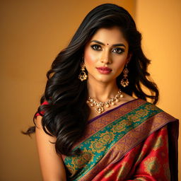 A glamorous Indian woman exuding confidence, dressed in a stunning traditional saree adorned with intricate patterns and vibrant colors