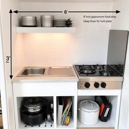 A compact kitchen setup in a small space measuring 3 feet by 6 feet