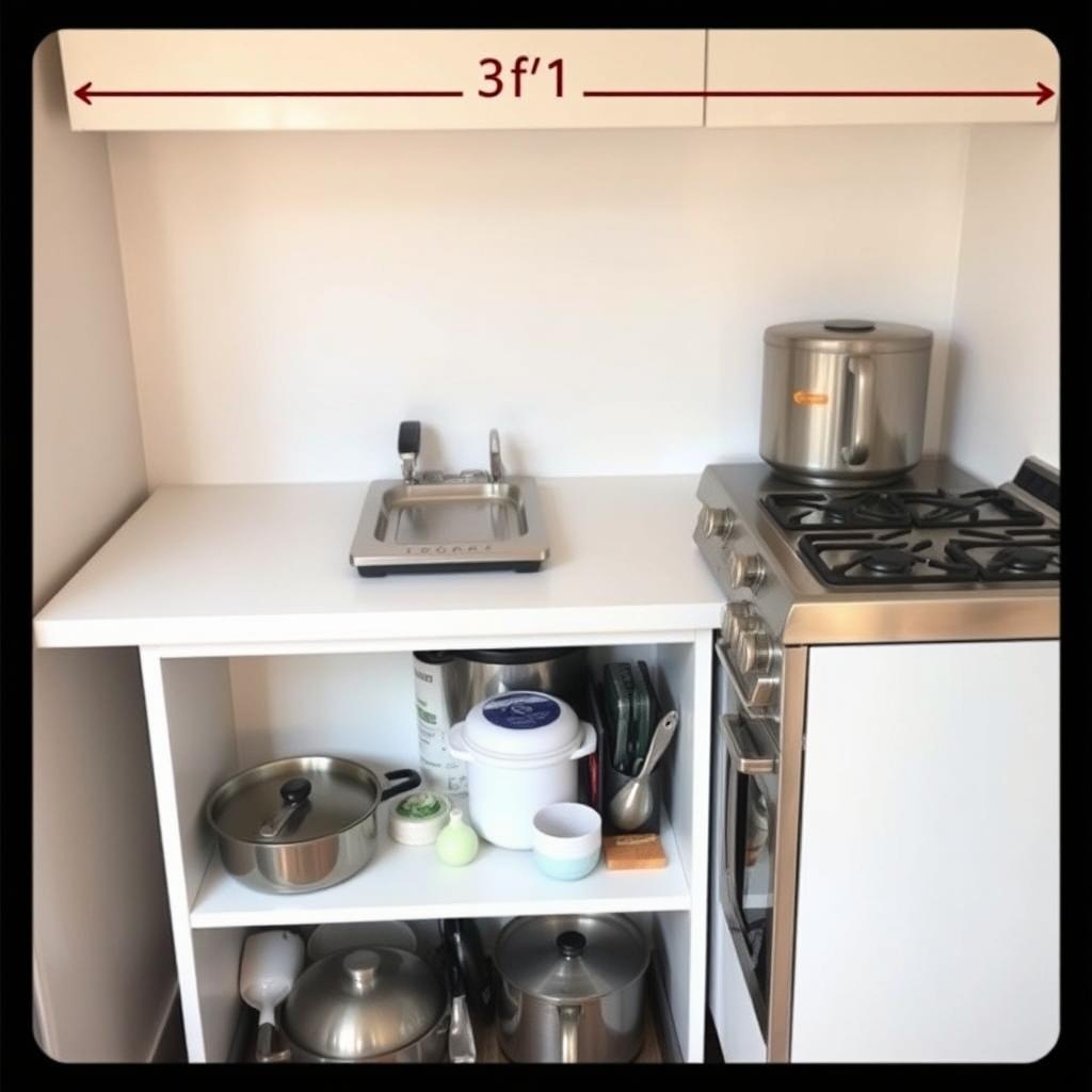 A compact kitchen setup in a small space measuring 3 feet by 6 feet