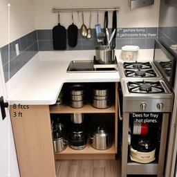 A compact kitchen setup in a small space measuring 3 feet by 6 feet