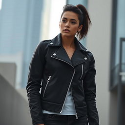 A stylish, sleek black DERM jacket displayed prominently against a minimalist urban backdrop