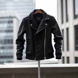 A stylish, sleek black DERM jacket displayed prominently against a minimalist urban backdrop