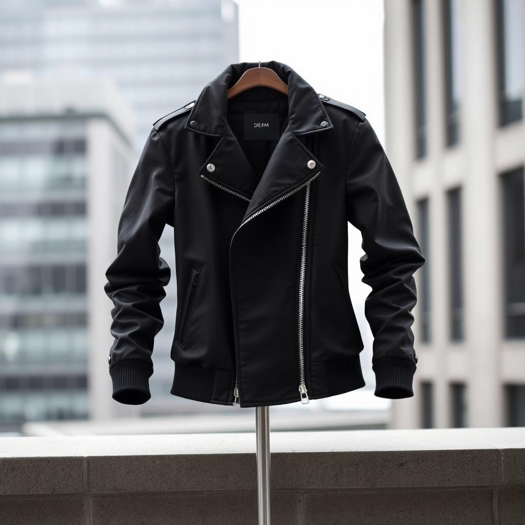 A stylish, sleek black DERM jacket displayed prominently against a minimalist urban backdrop