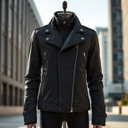 A stylish, sleek black DERM jacket displayed prominently against a minimalist urban backdrop