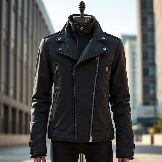 A stylish, sleek black DERM jacket displayed prominently against a minimalist urban backdrop