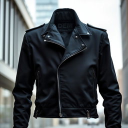 A stylish, sleek black DERM jacket displayed prominently against a minimalist urban backdrop