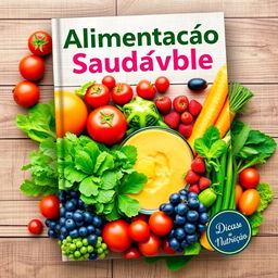 A vibrant and eye-catching eBook cover on healthy eating, featuring a colorful array of fresh fruits and vegetables such as leafy greens, ripe tomatoes, bright oranges, and juicy berries arranged artistically