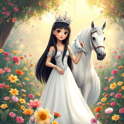 A full-body illustration of an 11-year-old white Brazilian princess, featuring long, straight black hair, dark eyes, and fair skin, adorned with a shimmering crown