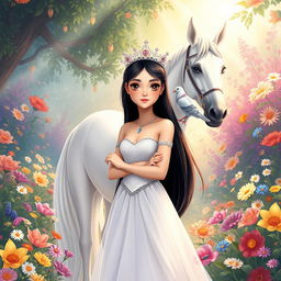 A full-body illustration of an 11-year-old white Brazilian princess, featuring long, straight black hair, dark eyes, and fair skin, adorned with a shimmering crown