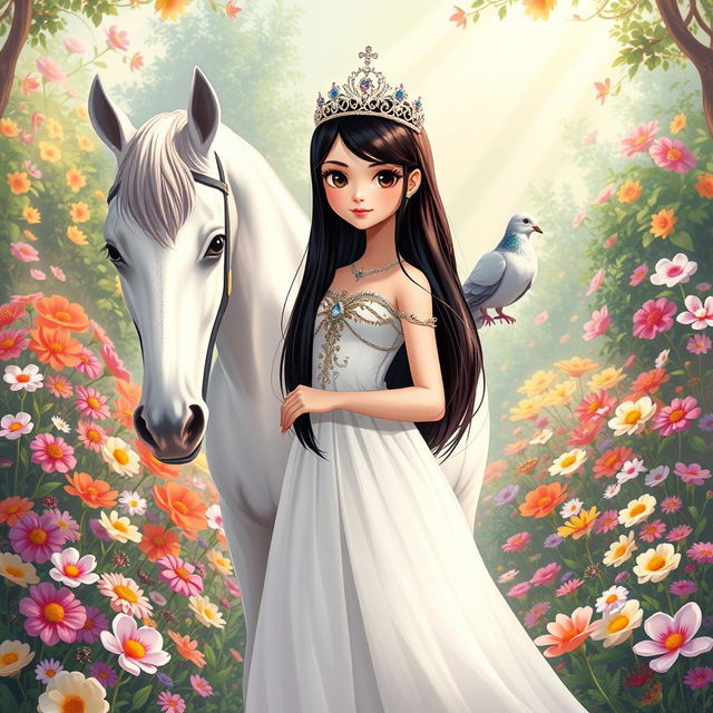 A full-body illustration of an 11-year-old white Brazilian princess, featuring long, straight black hair, dark eyes, and fair skin, adorned with a shimmering crown