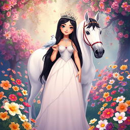 A full-body illustration of an 11-year-old white Brazilian princess, featuring long, straight black hair, dark eyes, and fair skin, adorned with a shimmering crown