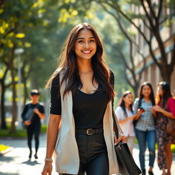 A beautiful Indonesian woman with large breasts, dressed in stylish university attire, walking on a campus filled with trees and modern architecture