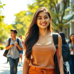 A beautiful Indonesian woman with large breasts, dressed in stylish university attire, walking on a campus filled with trees and modern architecture