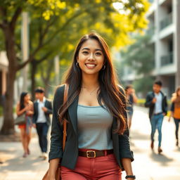 A beautiful Indonesian woman with large breasts, dressed in stylish university attire, walking on a campus filled with trees and modern architecture