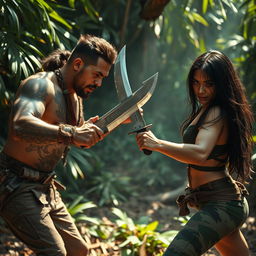 An intense machete fight between two skilled warriors in a jungle setting