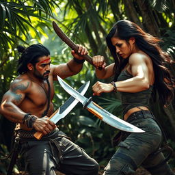 An intense machete fight between two skilled warriors in a jungle setting