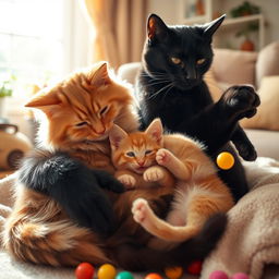 A heartwarming scene of a baby cat cuddling with its mother and father